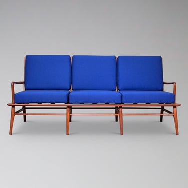 Restored Vintage Danish Walnut Sofa in Blue Fabric - Mid Century Modern Scandinavian Furniture 