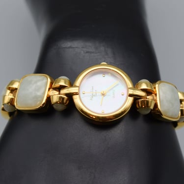 80's jadeite Mother of Pearl Main Line Time B1139 bracelet watch, green jade gold tone MOP face wrist watch 