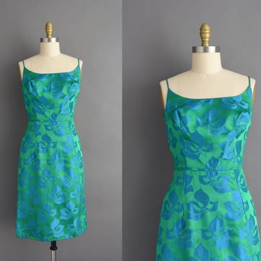 1950s vintage dress | Gorgeous Kelly Green Floral Silk Satin Cocktail Party Wiggle Dress | Medium 