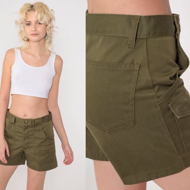 70s Boy Scout Shorts  Olive Green Shorts Army Cargo Patch Pocket High Waisted Military Retro Vintage Seventies Safari Utility Shorts Small 
