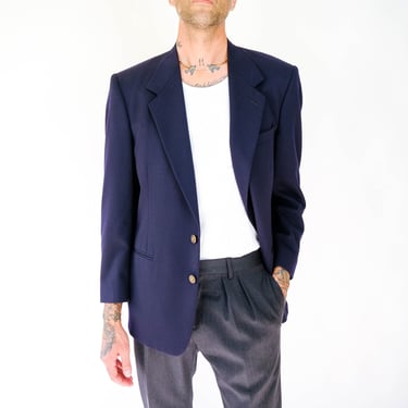 Vintage 80s Pierre Cardin Navy Blue Blazer w/ Brass Horse Logo Buttons | 100% Wool | Size 40R | 1980s French Designer Mens Tailored Jacket 