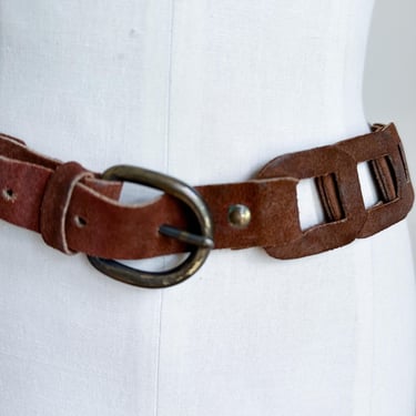 Vintage 1970s Brown Suede Leather Woven Belt / 27