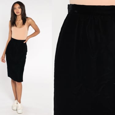 Black Velvet Skirt 90s Pencil Skirt Simple High Waisted Midi Skirt Goth Party Retro Boho Chic Gothic Basic Plain Vintage 1990s Small 26 