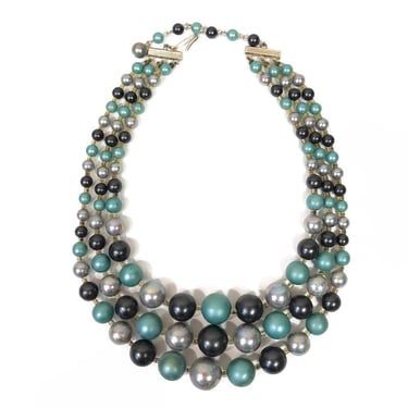 VINTAGE 50s Turquoise and Gray Graduated Bead 3 Strand Choker Necklace JAPAN | 1950s Mid Century Bauble Bib Necklace | VFG 