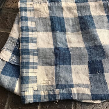 19th C French Linen Vichy Fabric, Homespun, Quilting Fabric Remnant, Indigo Blue Check, Kelsch, Sewing Projects, Historical French Textiles 
