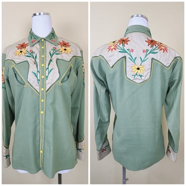 1950s Oshman's Frontext Wool Gabardine Shirt / 50s Chain Stitch Floral Embroidered Western Shirt 