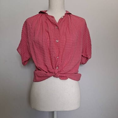 Vintage 1970's Hot Pink Check Cotton Short Sleeve Blouse M-L *CLEARANCE* 