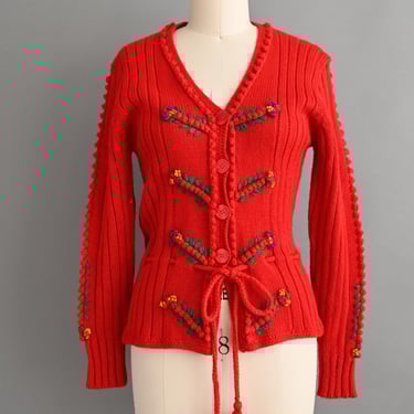 Vintage 1970s Sweater | Candy Apple Red Popcorn Tyrolean Knit Sweater | Medium 