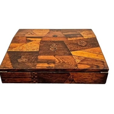 Antique Japanese Meiji Period Specimen Wood Parquetry Patchwork Stationary Writing Slope Lap Desk Table Box Exotic Yosegi-zaiku Marquetry 