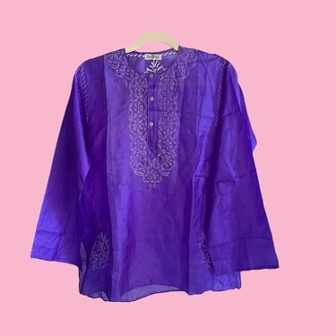 70s India Silk Embroidered Tunic Xl, Daisy Purple Hippie Festival Bell Sleeve Blouse 