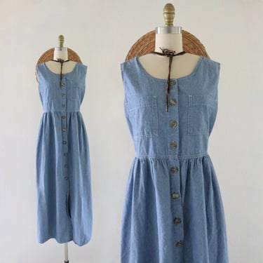 button chambray maxi dress - m - vintage 90s y2k blue chambray jean size medium sleeveless simple minimal dress tie back 