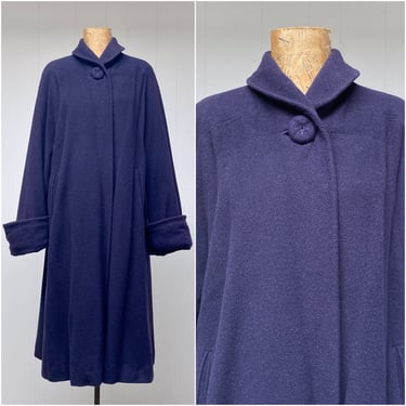 Vintage 1950s Navy Kashmoor Swing Coat, Mid-Century Outerwear, Soft, Lightweight Alpaca-Mohair Blend w/Wide Cuffed Raglan Sleeves, L to XL 