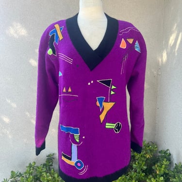 Vintage 1992 sweater new wave Geometric print purple black Lambswool & angora Sz M Gary Fabrikant 