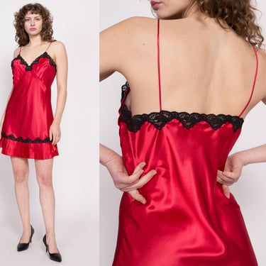 90s Victoria's Secret Red Satin & Lace Mini Slip Dress - Large | Vintage Lingerie Nightie Dress 