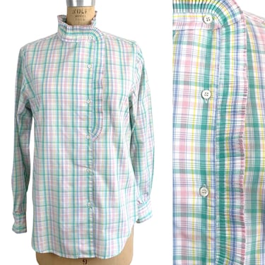1980s Andrew Harvey asymmetrical pastel plaid blouse - size L 