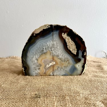 Geode Bookend Bookends Pair, Matched Set, Polished Natural Agate Rock Formation - Neutral Home Decor, Crystal, Stone, Rock, White Beige Grey 