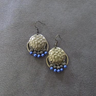 Blue pearl and hammered bronze chandelier earrings 