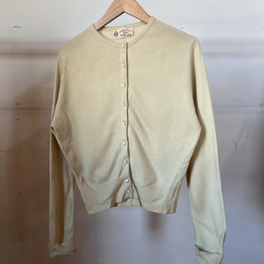 Med, Vintage 1960s 1950s Cashmere Button Up Sweater, Beige, Peck and PeckS 