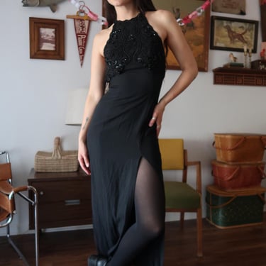 Vintage 90's Zam Zam Beaded High Neck Slit Black Evening Gown Dress 