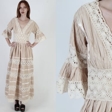 Nude Mexican Wedding Dress / South American Crochet Lace Dress / Vintage Ethnic Bell Sleeve Dress / Pintuck Cotton Angel Maxi Dress 