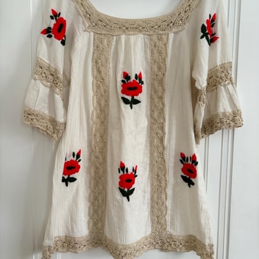 Vintage 60s 70s Handmade Mexican Gauze Embroidered Crochet Tunic Top Small Medium by TimeBa