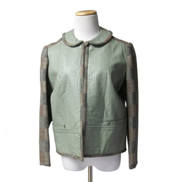 60s Leather & Wool Jacket by Susan Thomas, Modern Open Bomber Jacket, Cropped Sage Green Leather Front with Plaid Wool Back and Sleeves 