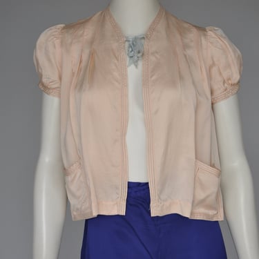 vintage 1930s peach silk blouse with blue embroidered bows XS-S 