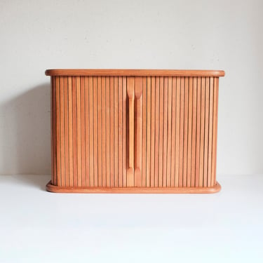 Vintage Teak tambour door storage cabinet floating shelf 