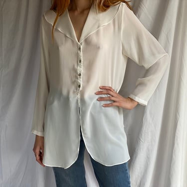 Vintage White Blouse / Semi Sheer 90's Minimal Blouse / Large Collar Shirt / Long Shirt / Summer Whites / Easy Nineties Piece 