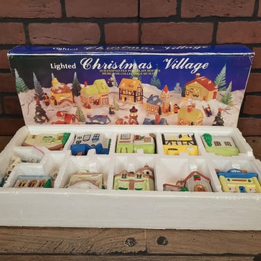 Vintage Mid Century Lighted Christmas Ceramic Village with Box 