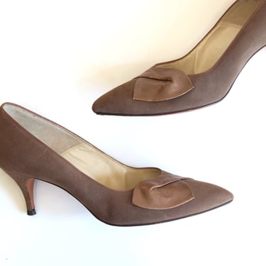 Vintage 1950s Corelli Pointy Toe Taupe Suede Pumps Heels Size 7 