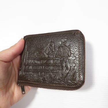 Vintage 70s/60s Cowboy Tooled Leather Zip Up Wallet 