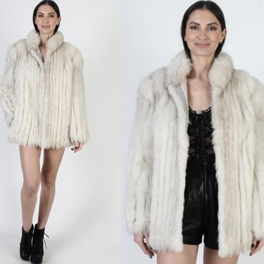 Saga Arctic Fox Fur Jacket, Off White Ivory Shawl Collar, Striped Corded Coat, Tag Size L 