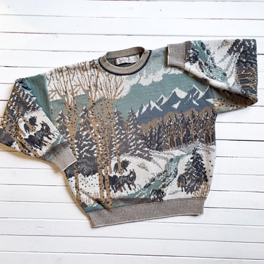 cottagecore sweater 90s vintage Crossings bear wolf winter forest woven sweater 