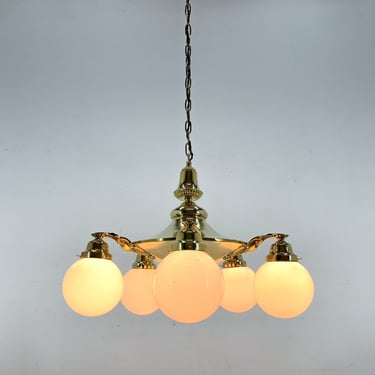 Large Art Deco Bras Chandelier, Restored 