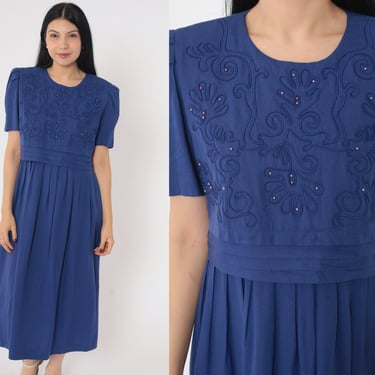 Blue Beaded Dress 90s Pleated Dress Abstract Soutache Midi Dress Puff Sleeve Secretary Indigo High Waist Vintage Short Sleeve Medium 8 