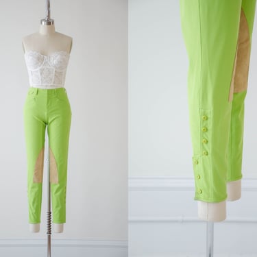 lime green pants | 90s y2k vintage Ralph Lauren neon green jodhpurs equestrian style riding pants skinny low rise pants 