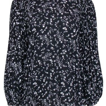 Joie - Black w/ White Floral Smocked Neck Long Sleeve Top Sz L