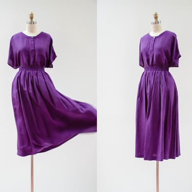 purple silk skirt set | 80s 90s vintage dark purple silk t-shirt elastic waist midi skirt set 