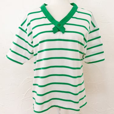 80s/90s White and Green Striped Tee with Button Collar | Medium/Large 