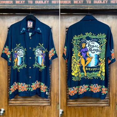 Vintage 1990’s Size L “Mambo” Label Tiki Cartoon Rayon Hawaiian Shirt, 90’s Loop Collar, Vintage Clothing 
