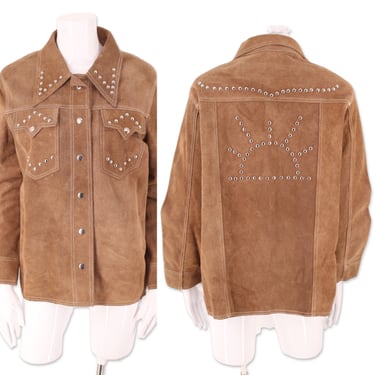 70s studded suede shirt jacket M, vintage 1970s tan custom stud shacket, 60s Woodstock era clothing, gender neutral 