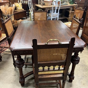 1890 French Oak Table with 6 Cane Chairs 