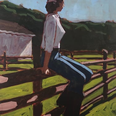 Woman on Farm #4 - Original Acrylic Painting on Canvas 18 x 24, farm, michael van, figurative, modern, western, girl, barn, pasture, cowgirl 